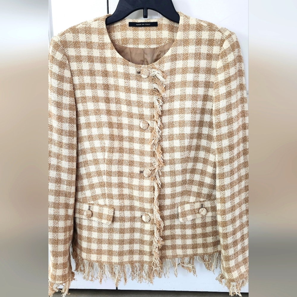 NWOT Tagliatore $692 Made In Italy Tweed Check Blazer Size 44 IT (10, M) Beige